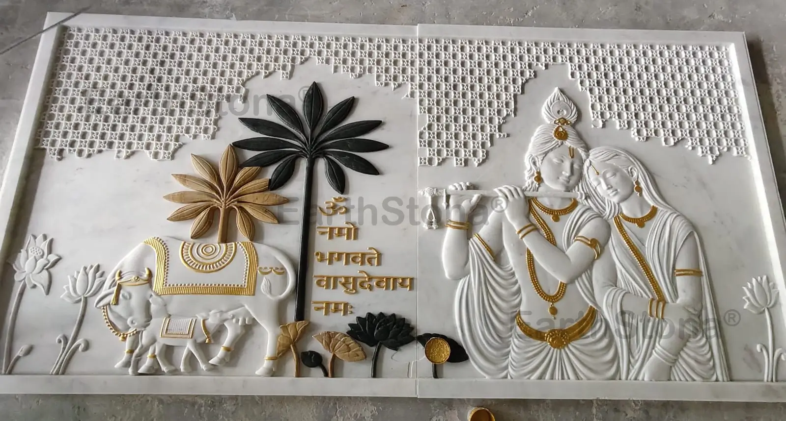 Radha Krishna & Kamdhenu Kalpvriksha Indian Marble Stone Wall Mural with Tree Carving